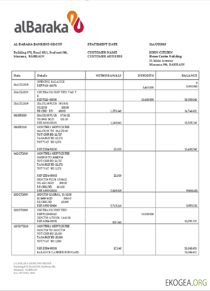 Relevé bancaire de Bahreïn Al Baraka